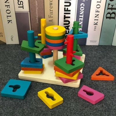 Đồ Chơi Gỗ Luyện Tay Luồn Cọc Thông Minh - Thả Hình Khối Trên 5 Cột Trụ Đa Dạng Cho Bé