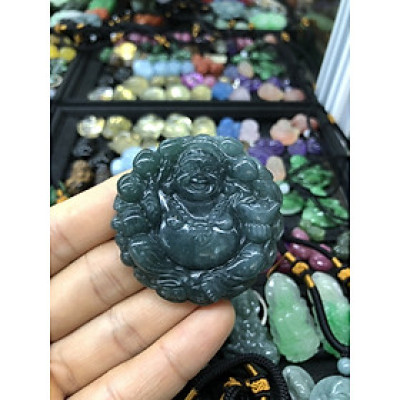 Mặt dây chuyền phật Di Lặc gánh đào và cầm thỏi vàng phong thủy đá lam ngọc