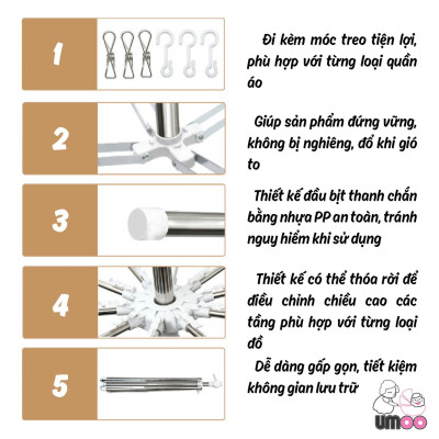 Cây phơi đồ thông minh đa năng CAO CẤP inox 3 tầng phù hợp treo đồ cho bé + tặng kèm 56 kẹp phơi đồ