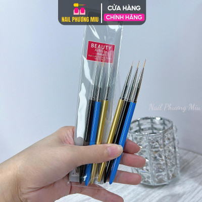 Set 3 Cây Cọ Nét Beauty Xanh Vàng Đen 5mm, 7mm, 9mm Lông Mịn Không Lem, Đầu Cọ Dài Vẽ Đa Năng, Kẻ Viền Và Tạo Hình Làm Nail Đẹp Nữ Women