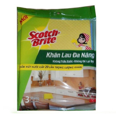 Combo 3 Khăn lau đa năng Scotch-Brite 3M 32x26cm không gây trầy xước, thấm hút nước gấp 20 lần, độ bền cao
