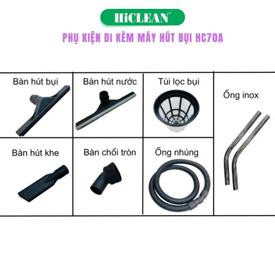 Máy hút bụi công nghiệp HiClean HC70A (thùng nhựa chống va đập, 70L) - Hàng chính hãng