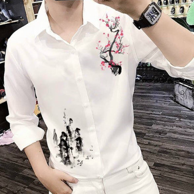 Áo sơ mi nam tay dài họa tiết núi non và hoa anh đào