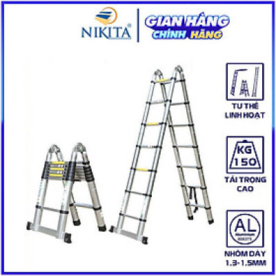 Thang nhôm rút đôi, có bánh xe di chuyển tiện lợi, thanh giằn khóa và thân thang an toàn, chiều cao từ 3,8m - 8m