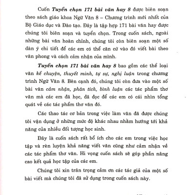 Sách - Tuyển Chọn 171 Bài Văn Hay 8 (Theo Chương Trình Giáo Dục Phổ Thông Mới)