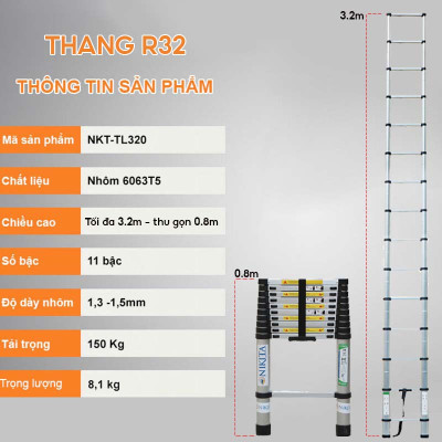 Thang nhôm rút gọn, an toàn, tiện dụng, đa năng - Nhôm 6063 không rỉ - Chính hãng NIKITA