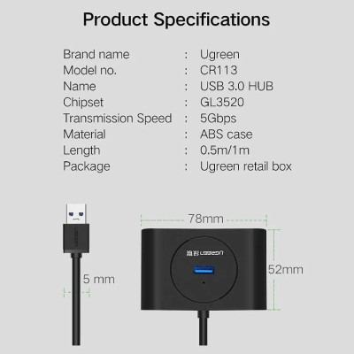 Ugreen UG50263CR113TK 25CM Màu Đen USB 3.0 Hub 4 Port With Power Port - HÀNG CHÍNH HÃNG