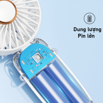 Quạt cầm tay mini siêu mát Rhino F401 tích điện với 5 mức độ gió, kèm đế, dây treo, lượng pin cao - Hàng chính hãng