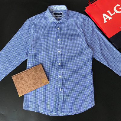 Áo sơ mi nam dài tay ALIGRO cổ bẻ dáng ôm body, 100% chất cotton xanh kẻ caro ALGS177