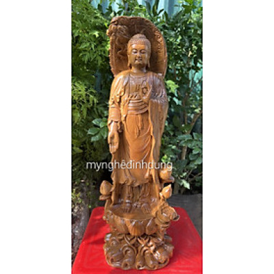 Tượng phật adiđa đứng tọa sen bằng gỗ bách xanh thơm nức kt cao 30x10x9cm 