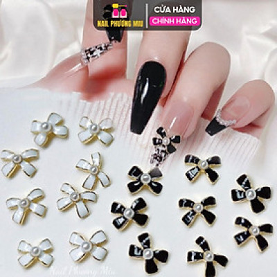 Set Charm Nơ Đen Trắng, Bướm Kim Loại Chống Han Gỉ, Trang Trí Móng Đẹp, Làm Nail Sang Trọng Nail Phương Miu Nữ Women