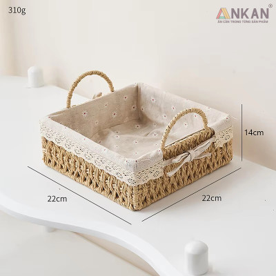 Giỏ Decor Hình Vuông Có Quai Xách – Đan Tay Thủ Công, Lót Vải Hoa Vintage, Trang Trí & Đựng Đồ Đa Năng