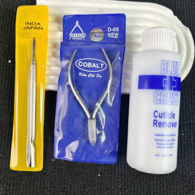 Combo Nhặt Da 3 Món Nhanh Gọn Mềm Da Blue Cross 177ml, Kìm NGỌC Cắt Da Siêu Bén Và Cây Đẩy Da Sủi Da INOX Lấy Khóe Kết Hợp Làm Nail Nữ Women