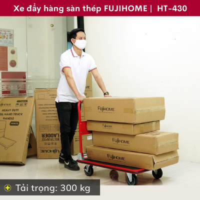 Xe đẩy hàng 4 bánh gấp gọn sàn thép FUJIHOME HT-430- bánh xe cao su TPR không ồn có chốt hãm