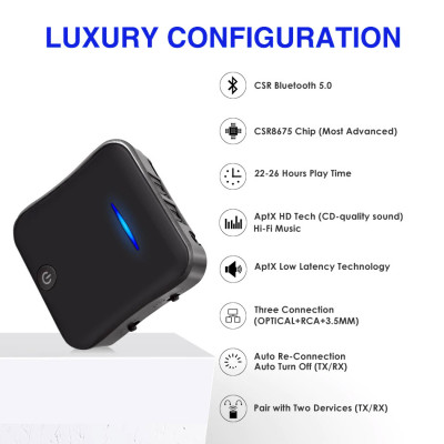 ROGTZ - Bộ Thu Phát Audio Bluetooth APTX V5.0 2 Trong 1 Chipset CSR8675 Công nghệ APTX HD Hỗ trợ SPDIF/Optical Chế độ TX/RX Kết nối đa thiết bị Pin trâu 20h Nhỏ gọn Tiện Lợi Dễ sử dụng Âm Thanh Chất Lượng Cao - Hàng Chính Hãng