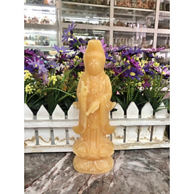 Tượng Phật Bà Quan Thế Âm Bồ Tát đứng đài sen cầu bình an đá ngọc hoàng long - Cao 20 cm