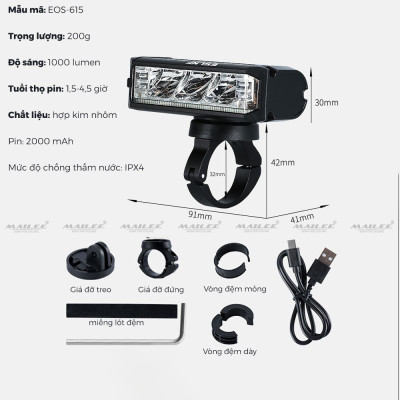 Đèn xe đạp chống nước UH-1000 3 bóng 1000 Lumens có led ban ngày, đèn trước xe đạp sạc USB Type-C, hợp kim nhôm (không kèm pad đỡ dài), đủ phụ kiện - Mai Lee