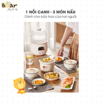 [Hàng Chính Hãng] Nồi nấu chậm Bear 0,8L SUBE001 (có lồng hấp). Đủ 3 màu: Vàng, hồng, nâu. sử dụng để Nấu, hấp, hầm cách thủy, giữ 100% giá trị dinh dưỡng có ruột nồi bằng sứ cao cấp.