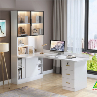 BÀN HỌC – BÀN LÀM VIỆC LIỀN KỆ GỖ MDF TỦ CÁNH KÍNH CÓ ĐÈN LED BLV401 - NỘI THẤT LẮP RÁP VIENDONGADV