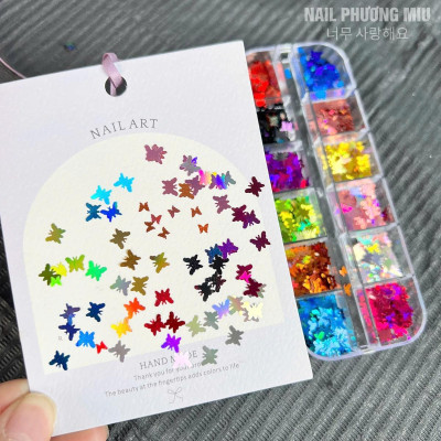 Set Kim Tuyến 12 Màu Lá Phong Bướm Sequin Làm Nail Siêu Lấp Lánh, Lá Thông Siêu Mỏng Dễ Đắp, Tạo Móng Sinh Động