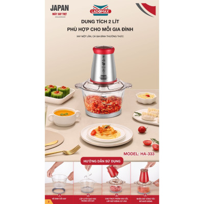 Máy xay thịt đa năng cối thủy tinh 2L Ladomax, xay thịt, cá...Hàng chính hãng