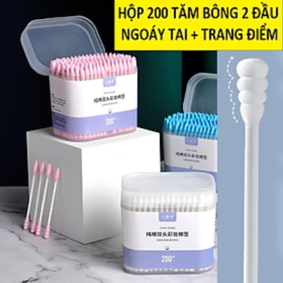 Dụng cụ trang điểm làm đẹp - Set hộp 200c  tăm bông ngoáy tai lớn cao cấp với 2 đầu tăm thiết kế hình dáng khác nhau làm sạch sâu bên trong , an toàn và tiện lợi 