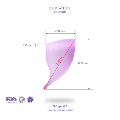 Cốc nguyệt san tiêu chuẩn S Cup cỡ S (30ml) Cup Yess chính hãng, an toàn, phù hợp mọi cơ địa