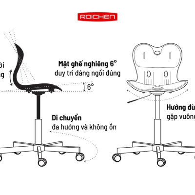 [Ghế Roichen WOW Minh Ngọc] Ghế chỉnh dáng ngồi đúng  có chân xoay Roichen - WOW Hàn Quốc màu nâu chân trắng