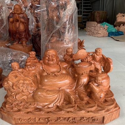 Tượng phật di lặc ngũ phúc bằng gỗ hương đá liền khối  kt 60×30×30cm