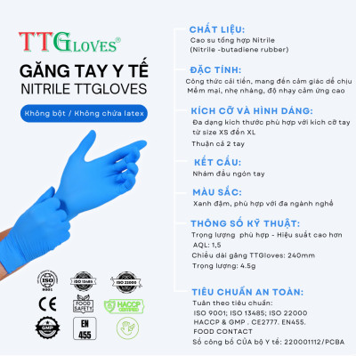 Găng Tay Cao Su Y Tế Size M Không Bột Nitrile TTGLOVES Màu Xanh (100 Chiếc)