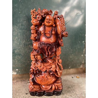 Tượng phật di lặc ngũ phúc bằng gỗ hương đá tô mầu giả cổ kt 60×24×15cm