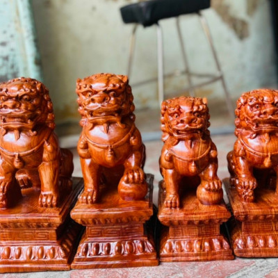 Cặp tượng kỳ lân bằng gỗ hương đá đẹp long lanh kt cao 25×15×12cm