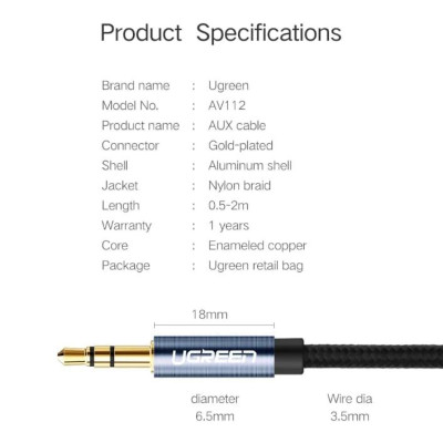 Ugreen UG50361AV112TK 1M màu Đen Cáp âm thanh 2 đầu 3.5mm dương - HÀNG CHÍNH HÃNG