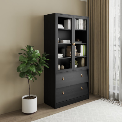 HAPPY FURNITURE , Kệ sách cửa kính 2 ngăn kéo - CALYN , KSA_107 , 90cm x 39cm x 176cm DxRxC