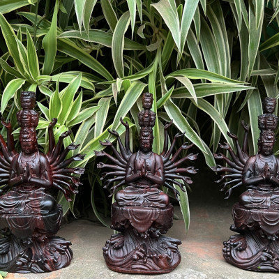 Tượng điêu khắc phật thiên thủ thiên nhãn bằng gỗ trắc đỏ đen cực đẹp kt cao 16×14×7cm 7