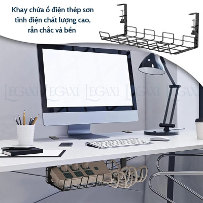 Khay đỡ ổ điện dây điện gắn dưới bàn kệ bằng kim loại thép không cần đục lỗ 38.5x13x16cm Legaxi