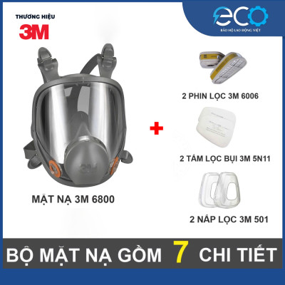 Mặt nạ phòng độc 3M 6800 với phin lọc 6001, 6003, 6006 kết hợp tấm lọc bụi 5N11 cùng nắp giữ 501 - Bộ mặt nạ chống độc 7 món lọc hơi hữu cơ xăng dầu phun sơn, chống độc, lọc bụi siêu mịn, vô cơ, hữu cơ