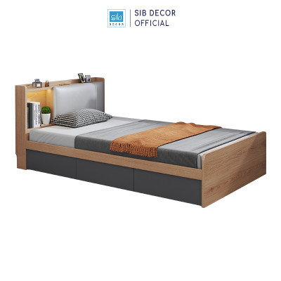 Giường Gỗ Đơn Dài 1.2m Phối Đèn LED và 3 Ngăn Kéo Màu Oak Phối Xám Chì SIB Decor GN16