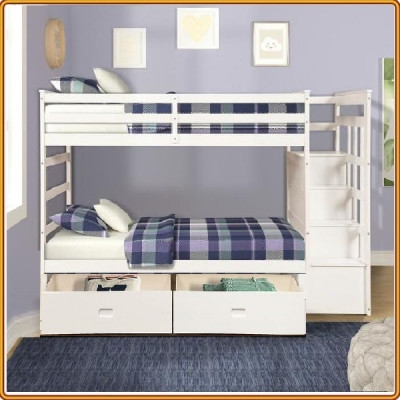 Giường 2 tầng màu trắng Tundo trên 1m2 dưới 1m6 kèm 2 học tủ