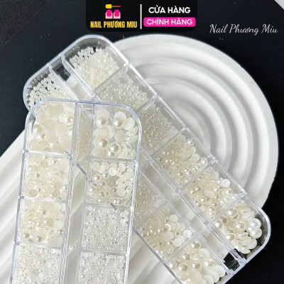 Khay Ngọc Tròn Hạt Trai Nửa Mix Trắng Ngà Làm Nail, Khay Nhựa 12 Ô Chia Nhiều Size Trang Trí Móng Tay Chân Làm Móng Chuyên Nghiệp Nữ Women