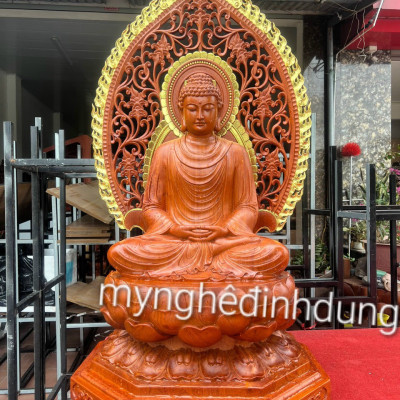 Tượng phật thích ca bằng gỗ hương đá kt cao 60×36×36cm +lá chắn hào quang cao tổng 81cm 