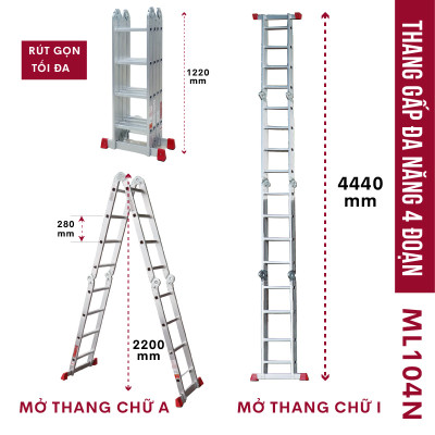 Thang nhôm gấp 4 đoạn đa năng FUJIHOME ML104N, cao chữ A  2.2m - chữ I 4,4 mét ,14 tư thế sử dụng , chốt khóa tự động, chân chống trơn trượt- Hàng chính hãng