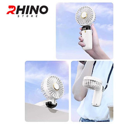 Quạt cầm tay mini siêu mát Rhino F401 tích điện với 5 mức độ gió, kèm đế, dây treo, lượng pin cao - Hàng chính hãng