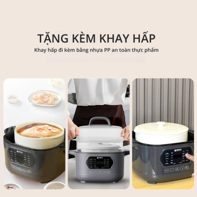 Nồi nấu chậm lòng sứ 3L Mishio MK397 kèm xửng hấp và 4 thố sứ tiện lợi không lo cháy khét hay bong tróc chống dính - Hàng chính hãng
