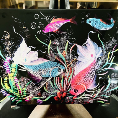 Tranh sơn mài - vẽ màu kết hợp dát vàng/ bạc Thanh Bình Lê, hàng xuất khẩu 20x30 cm