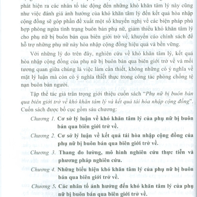 Sách - Khó khăn tâm lý và kết quả tái hòa nhập cộng đồng của phụ nữ bị buôn bán qua biên giới trở về (Sách chuyên khảo)