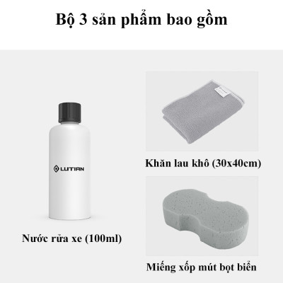 Bộ Ba Dụng Cụ Rửa Xe Lutian Bao Gồm Nước Rửa Xe (100ml), Khăn Lău Khô (30x40cm), Miếng Xốp Mút Bọt Biển Bộ Sản Phẩm Chuyên Dùng Để Dọn Dẹp Rửa Ô Tô, Xe Máy  – Hàng Chính Hãng