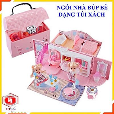 Ngôi Nhà Búp Bê Thiết Kế Dạng Túi Xách Kèm 2 Búp Bê, Đồ Chơi Búp Bê Dễ Thương Cho Bé