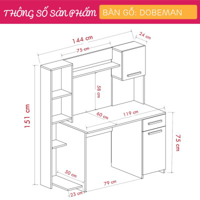Bàn làm việc gỗ liền kệ giá sách bên đẹp SMLIFE Doberman