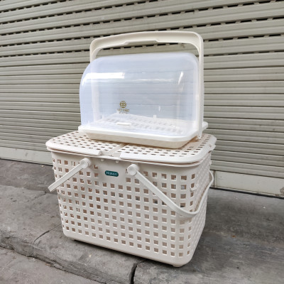 Combo kệ úp bình sữa và Giỏ đựng đồ cho Mẹ đi sinh bằng nhựa cao cấp quai giữa có nắp đậy HOKORI - Nhiều Màu (tặng bộ chổi vệ sinh có nam châm hít từ )